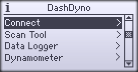 DashDyno Main Menu Screen